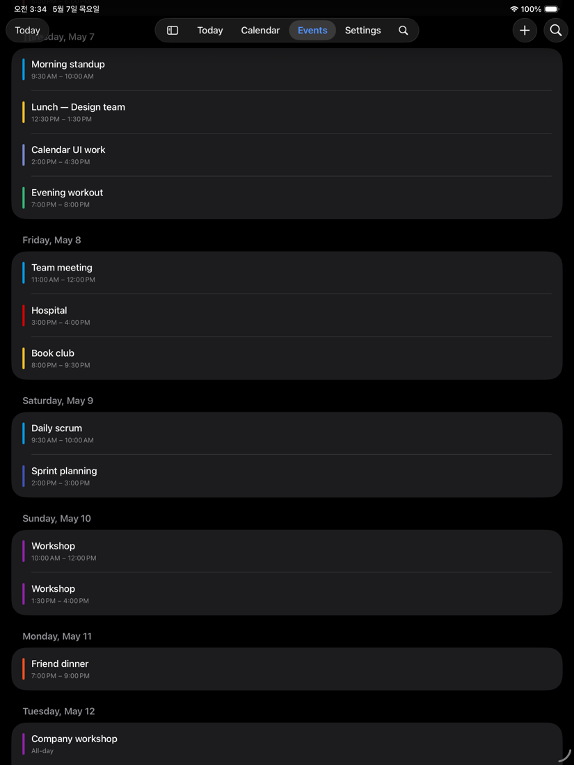 minical Agenda screen on iPad