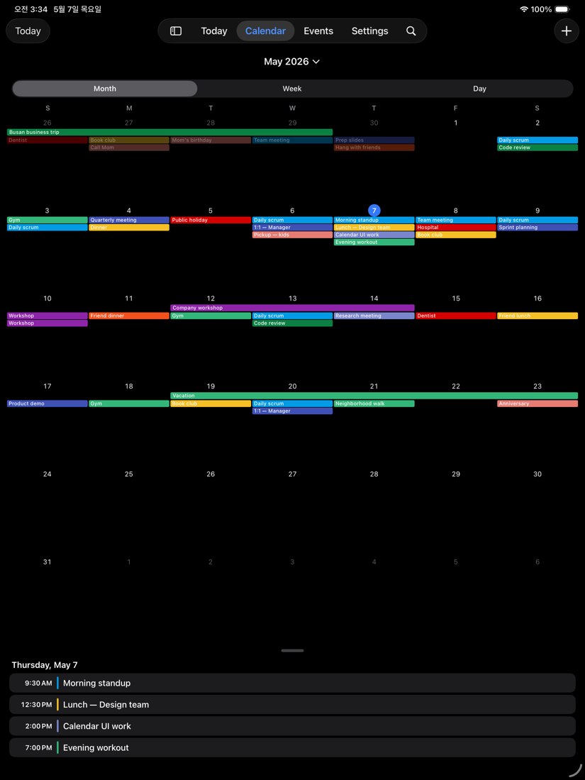 minical Month screen on iPad