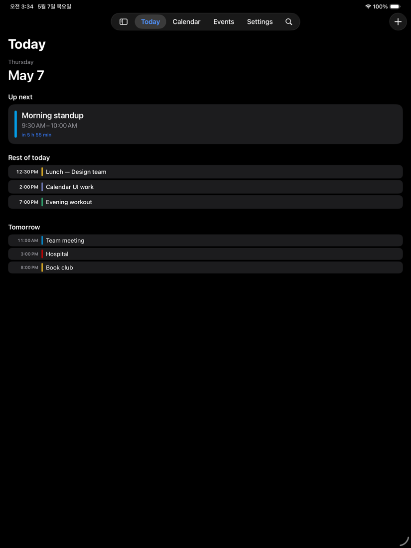 minical Today screen on iPad