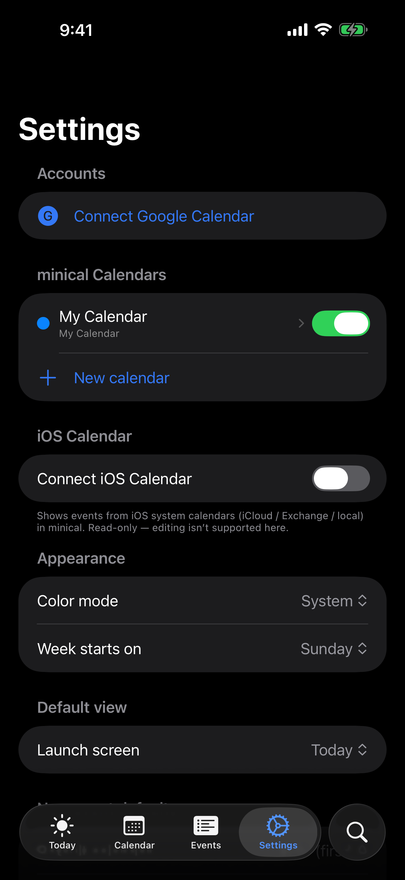 Settings screen in minical