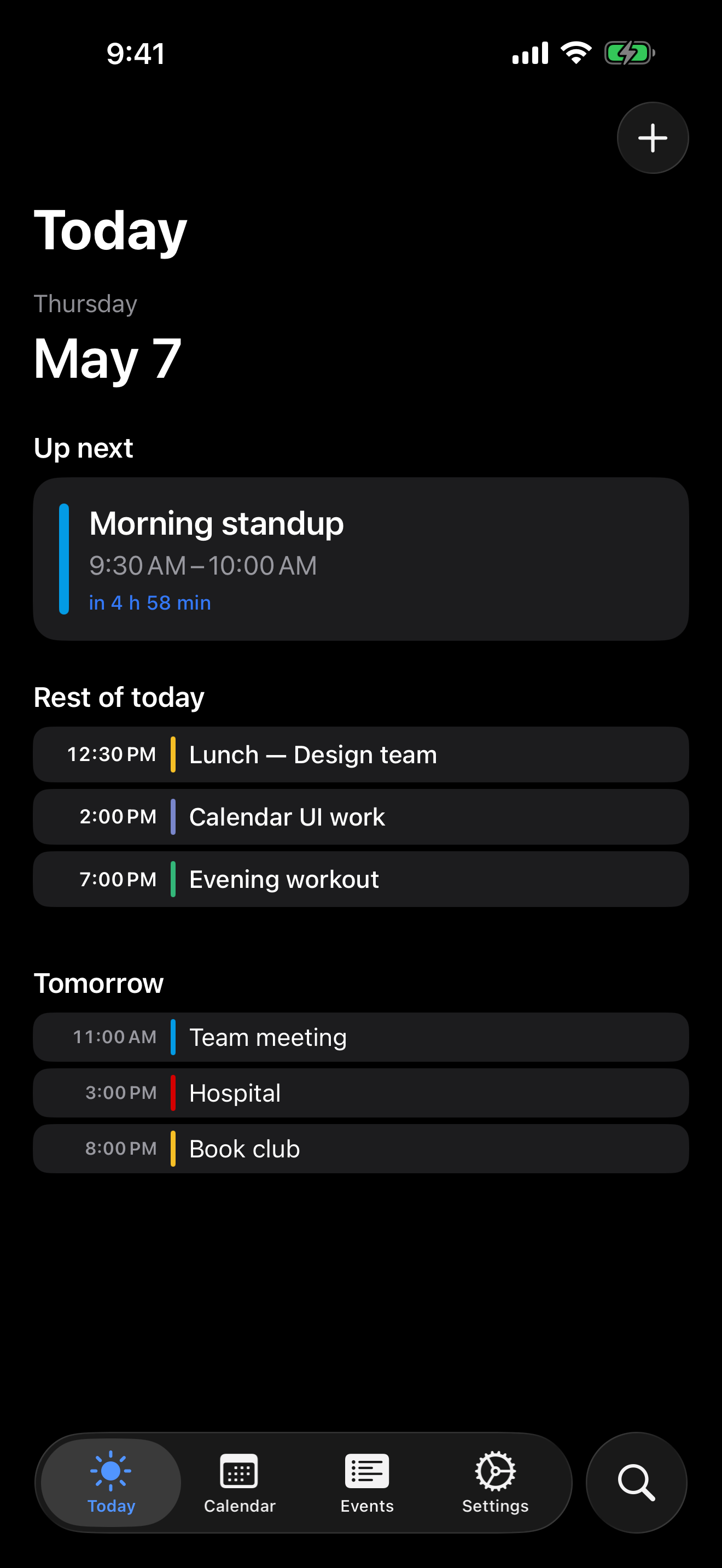 minical Today screen with upcoming events