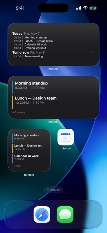 minical home screen widget showing upcoming events