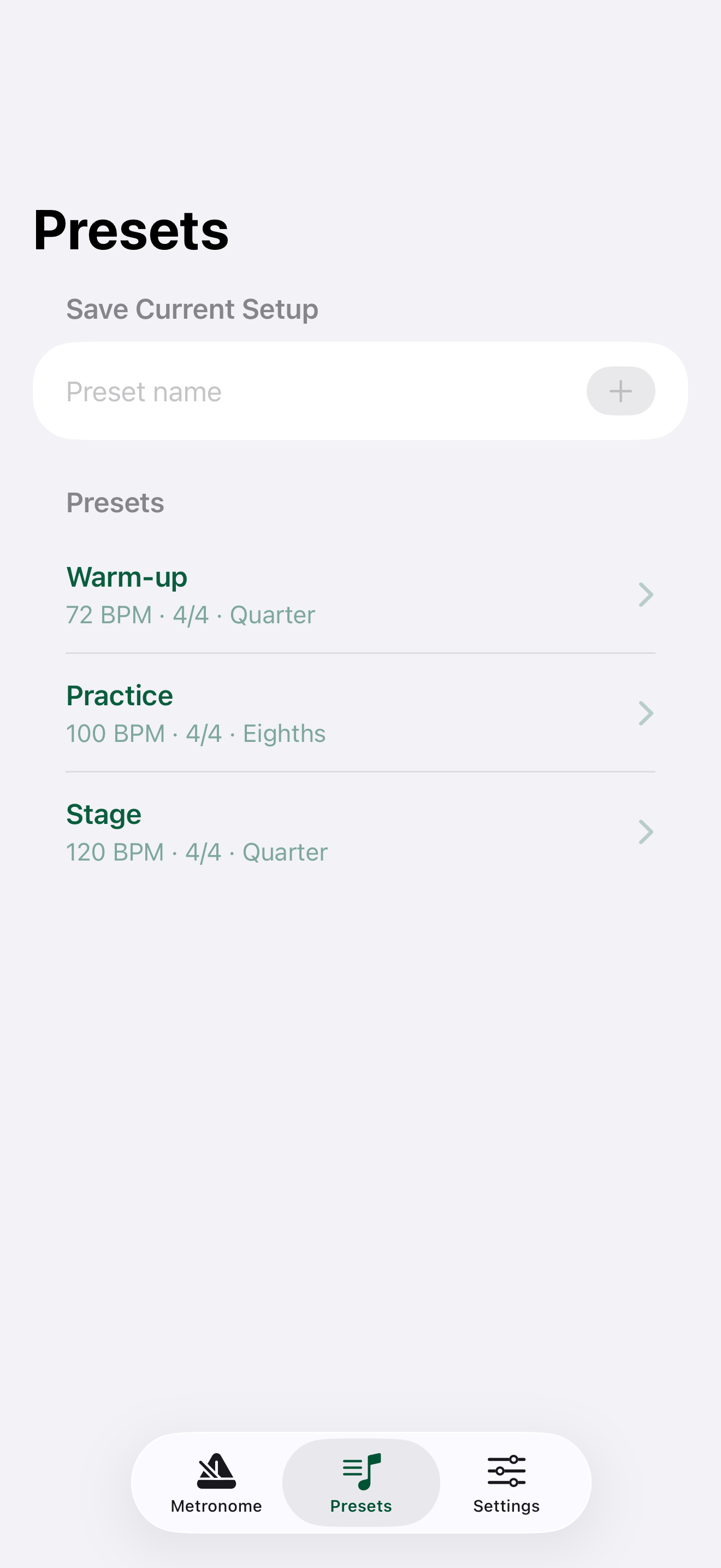 Minimal Metronome presets screen