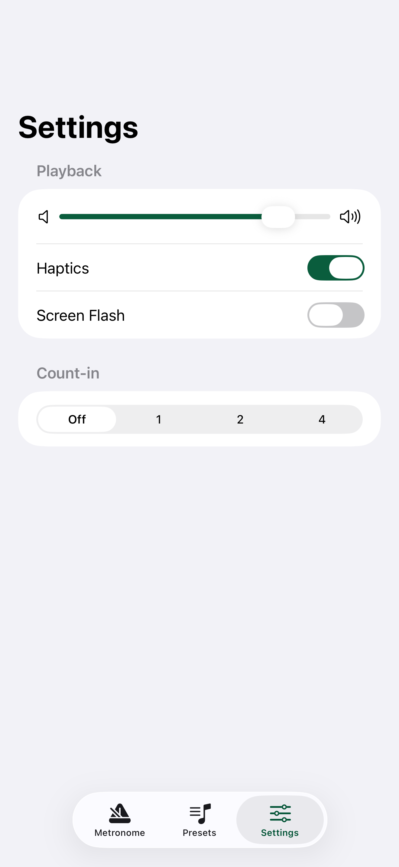 Settings screen in Minimal Metronome